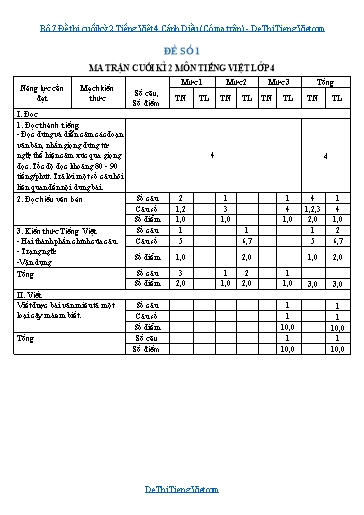 Bộ 7 Đề thi cuối kỳ 2 Tiếng Việt 4 Cánh Diều (Có ma trận)